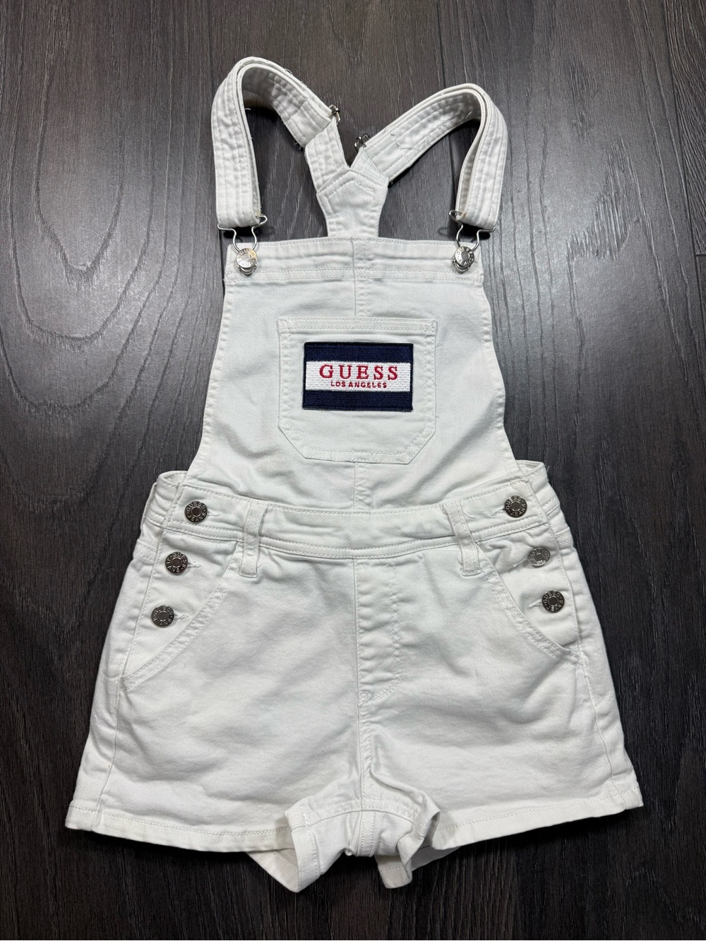 GUESS White Denim Short Overalls with Logo Patch